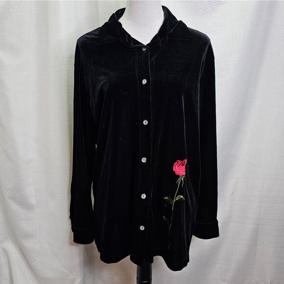 CLIO Black Vintage Velour Rose Button Down Shirt Size Medium - Picture 1 of 9